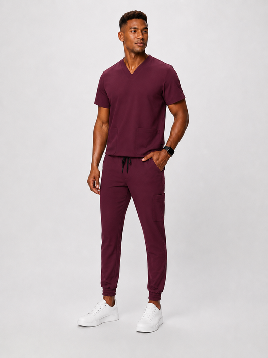 Deep Cherry Red Full Scrub (V-neck top / Jogger pants)
