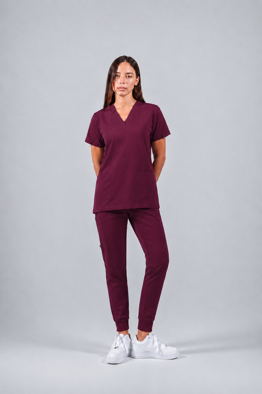 Deep Cherry Red Full Scrub (V-neck top / Jogger pants)