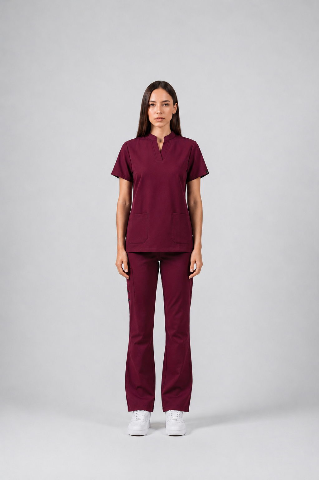 Deep Cherry Red Full Scrub (Half collar top / Flared pants)