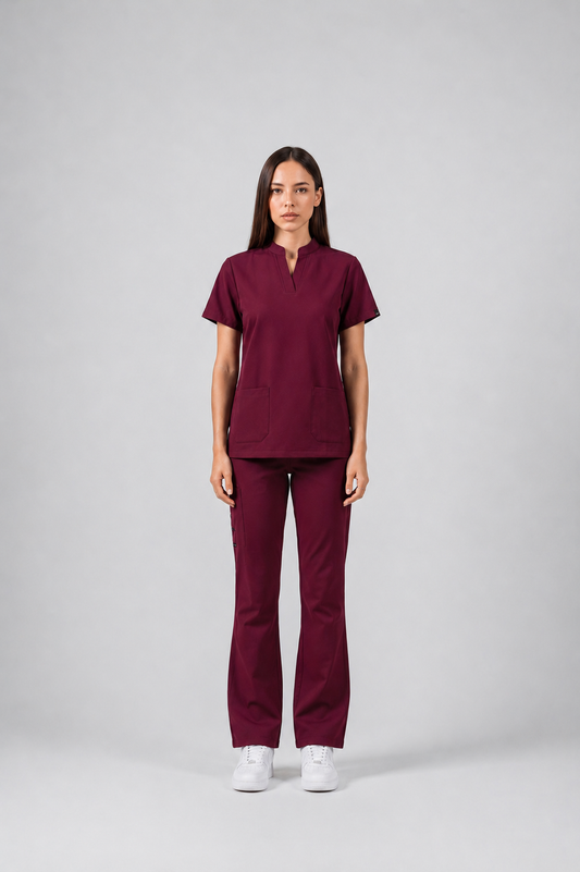 Deep Cherry Red Full Scrub (Half collar top / Flared pants)