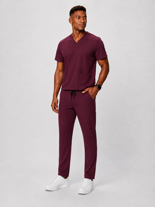 Deep Cherry Red Full Scrub (V-neck top / Regular pants)