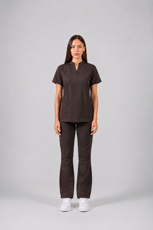 Chocolate Brown Full Scrub (Half collar top / Flared pants)
