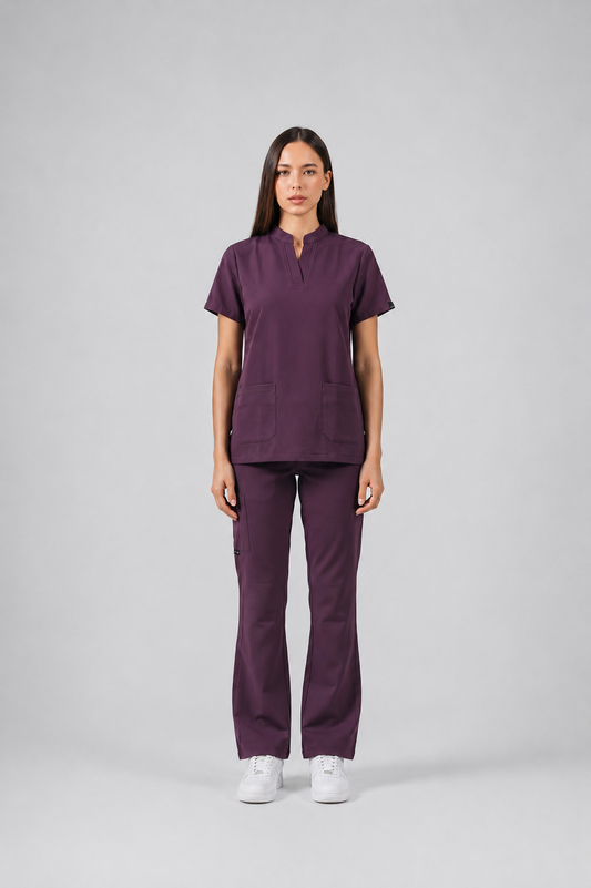 Plum Purple Full Scrub (Half collar top / Flared pants)